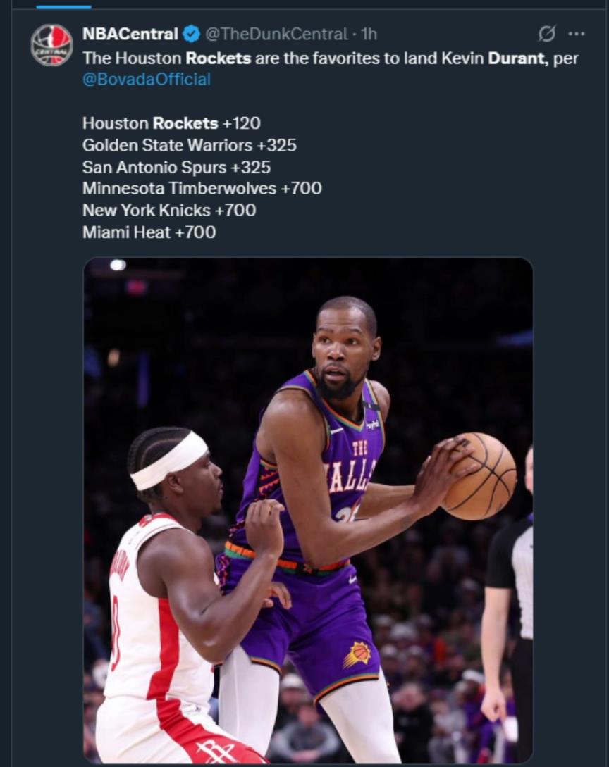 難道說？美媒曬杜蘭特下家賠率，火箭大幅度領(lǐng)跑！